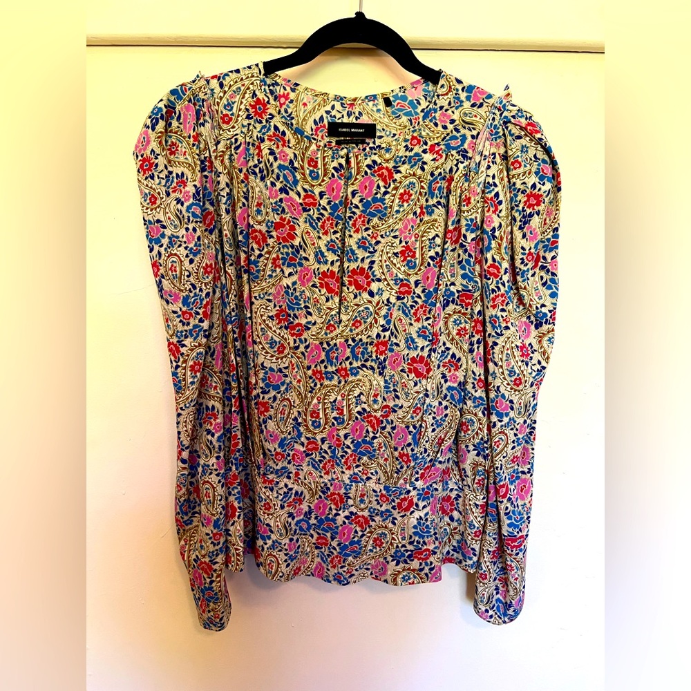 Isabel Marant Red and Blue Silk Blouse with Long Sleeves